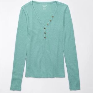 American Eagle Outfitters Aqua Waffle Long-Sleeve Henley Top
